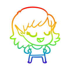 rainbow gradient line drawing happy cartoon elf girl