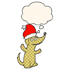 cute christmas cartoon dog and thought bubble in comic book style
