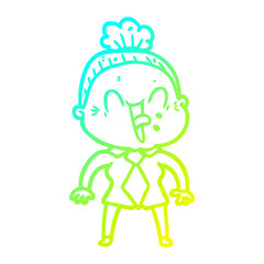 cold gradient line drawing cartoon happy old woman