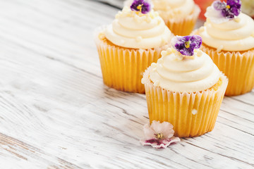 Beautiful vanilla cupcakes with buttercream icing decorated with sugar coated violet flowers. Selective focus with blurred background.