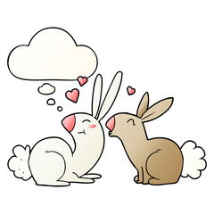 cartoon rabbits in love and thought bubble in smooth gradient style