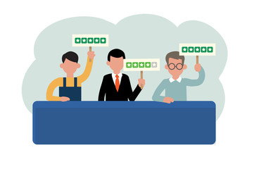 Review rating cartoon infographics elements. People giving customer feedback (four an dfive stars) by showing rating boards sitting at the table. Worker, businessmen.