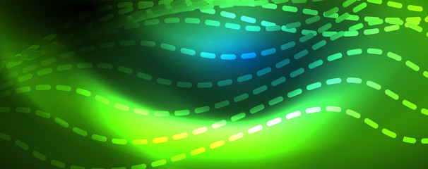 Obraz premium Smooth wave lines on blue neon color light background. Glowing abstract wave on dark, shiny motion, magic space light