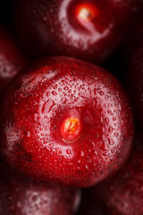 Ripe and fresh berries of a sweet cherry with water drops closeup.