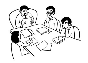 Office team boring meeting caricature drawing. Cartoon illustrating a group of people different genders sitting at the table listening how  their boss speaking. Vector presentation doodle.