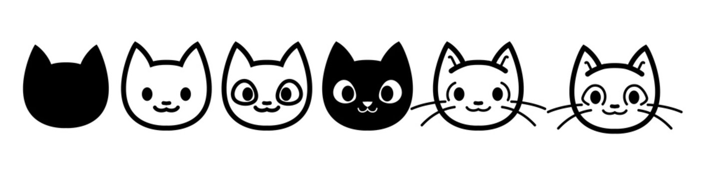 Cat icons collection. Kittens emoji symbols set. Black and white simple outline cats head emoticon pictures. Vector isolated.