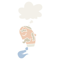 cartoon man with mustache and thought bubble in retro style