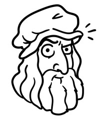 Leonardo Da Vinci cartoon hand drawn portrait. Funny simple line art caricature of a great artist and inventor. Black and white vector doodle character design.