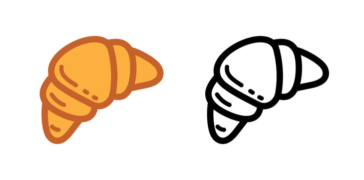 Croissant cartoon doodle icons set in black and white and colors. Simple bakery logo drawing. Isolated simple vector illustration.