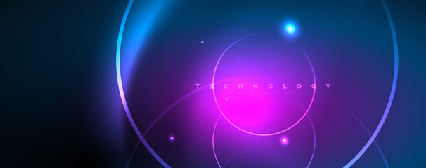 Trendy neon blue abstract design with waves and circles. Neon light glowing effect. Abstract digital background.