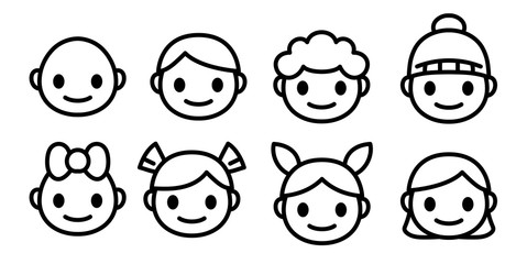 Line icons of childen of different ages and gender. Kids faces of happy boys and girls emoji set. Simple and cute isolated vector.