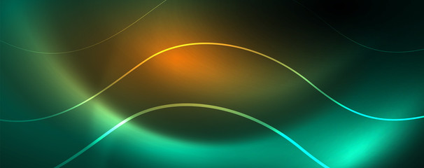 Shiny neon lines template - northern lights glowing blur lines. Futuristic style glow neon 80s disco club or night party techno template