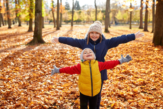 childhood, season and people concept - happy children on fallen leaves at autumn park