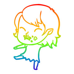 rainbow gradient line drawing cartoon vampire girl with blood on cheek