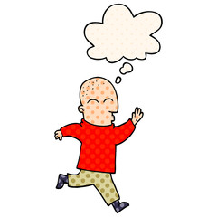 cartoon man running and thought bubble in comic book style