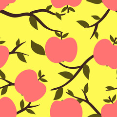 Seamless pattern with pink apples on the yellow background.Fruit repeated background. Vector bright print for fabric or wallpaper.