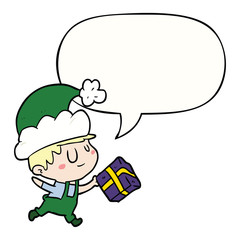 cartoon happy christmas elf and present and speech bubble