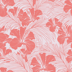 Fototapeta na wymiar Chinese rose vector seamless pattern. Blooming hibiscus and exotic palm tree foliage pastel pink background. Tropical flower blossom vintage hand drawn illustration. Wallpaper, textile design