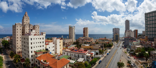Fototapeta na wymiar Aerial Panoramic view of the residential neighborhood in the Havana City, Capital of Cuba, during a bright and sunny day.