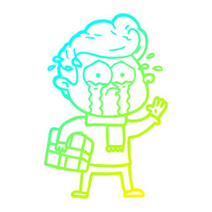 cold gradient line drawing cartoon crying man with present