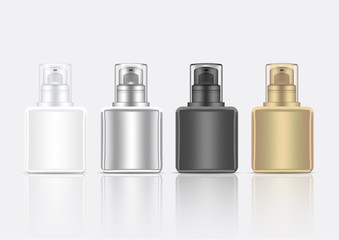 Bottle 3D Mock up Realistic Foam Cosmetic or Lotion for Skincare Product Packaging With metallic, White, Black and Gold Cap on Background Illustration
