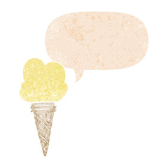 cartoon ice cream with face and speech bubble in retro textured style