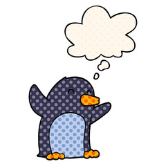 cartoon excited penguin and thought bubble in comic book style