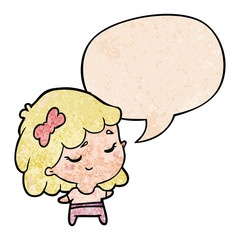 cute cartoon happy girl and speech bubble in retro texture style