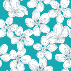 Fototapeta na wymiar Vector white and gray flowers on teal green seamless repeat background