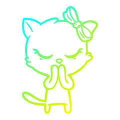 cold gradient line drawing cute cartoon cat with bow