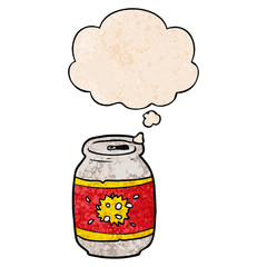 cartoon soda can and thought bubble in grunge texture pattern style
