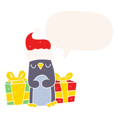 cute christmas penguin and speech bubble in retro style