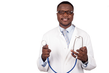 General practitioner using a stethoscope and looking at the camera.