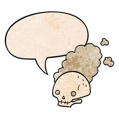 cartoon dusty old skull and speech bubble in retro texture style