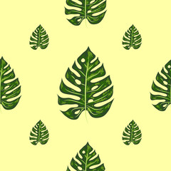 Monstera, green beautiful detailed leaves assembled into a seamless pattern.