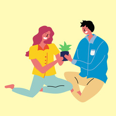 Young couple caring for a plant together. Satisfied people in comfort. Nordic concepts. Vector eps 10 file editable