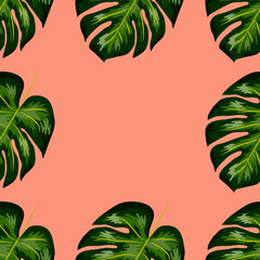 Fototapeta na wymiar Tropical Pattern. Seamless Texture with Bright Hand Drawn Leaves of Monstera.