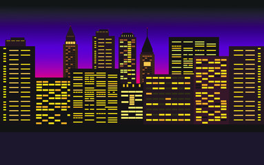vector illustration of night city with skyscrapers