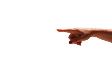 WOMAN'S HAND POINTING WITH FINGER ON WHITE BACKGROUND