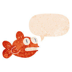 cartoon fish and speech bubble in retro textured style