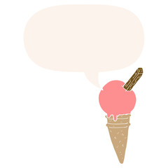 cartoon ice cream and speech bubble in retro style