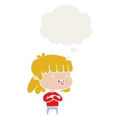 cartoon girl sticking out tongue and thought bubble in retro style