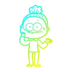 cold gradient line drawing cartoon happy old woman
