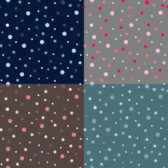 Vector set of 4 seamless patterns with colourful dots. Dark blue, grey, greyish blue, light brown backgrounds.