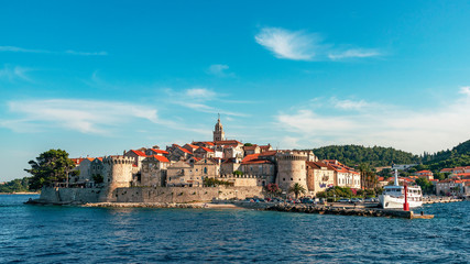 Fototapeta na wymiar View of Korcula town on the island with ancient fortress, Croatia