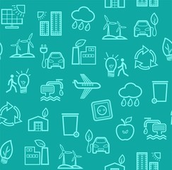 Eco-friendly technology, seamless pattern, turquoise, contour drawing, color, vector. Clean energy, fuel and food production. Seamless color background. Future technology.  