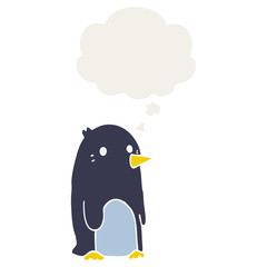 cartoon penguin and thought bubble in retro style