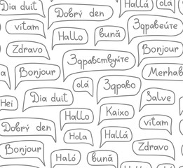 Hello, European languages, seamless pattern, contour drawing, monochrome, white, vector. The word "Hello" in the cloud. Different European languages. Vector, white background with black words. Script.