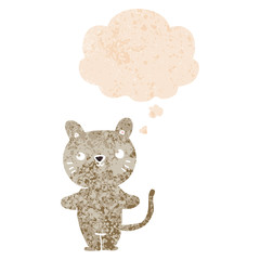 cartoon cat and thought bubble in retro textured style