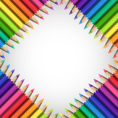 Quadratic Frame of Realistic Colorful Pencils on White Background.